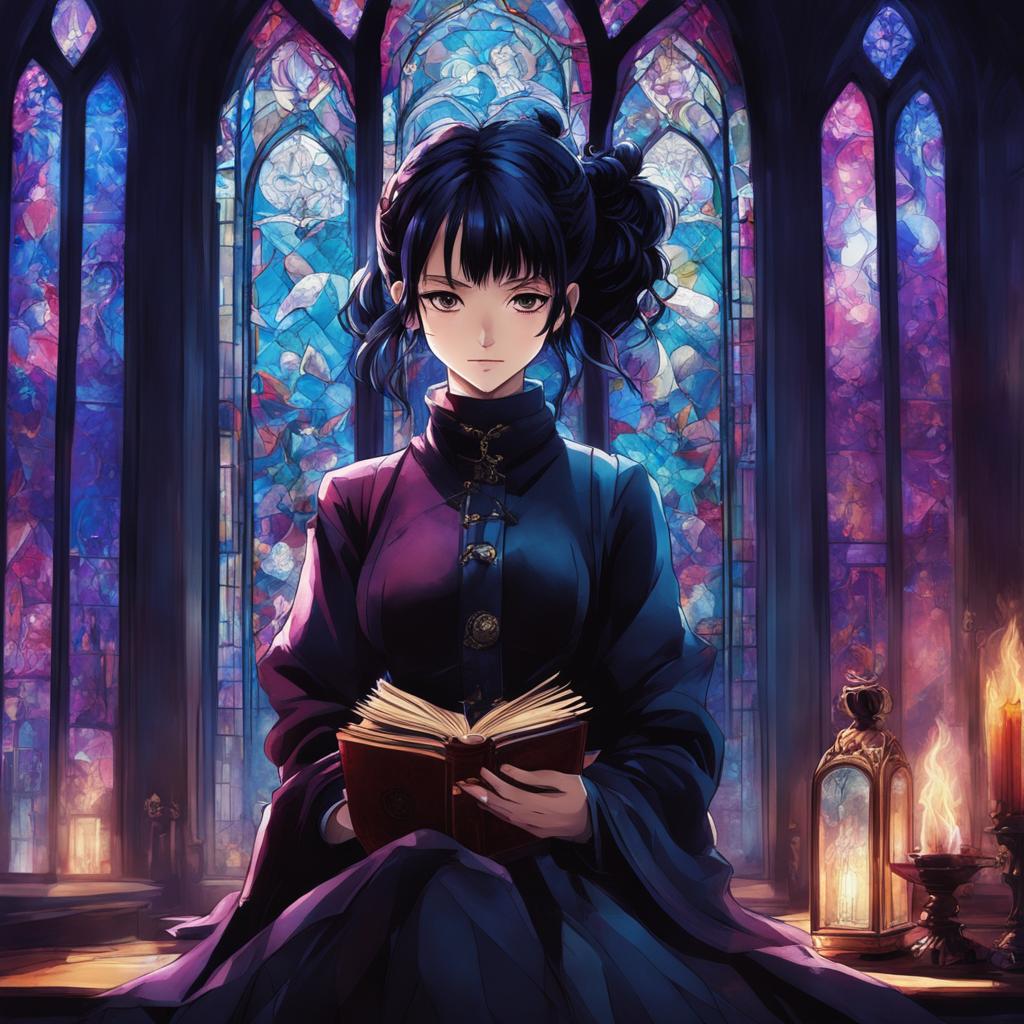 Gothic girl in Jujutsu Kaisen art style with black hair, violet eyes, Victorian dress, velvet coat, striped stockings, platform boots, holding an ornate grimoire in a dimly lit room with a large stained glass window casting colorful shadows