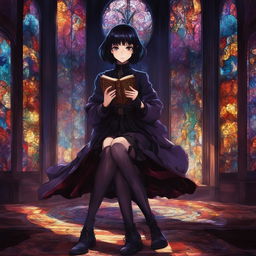 Gothic girl in Jujutsu Kaisen art style with black hair, violet eyes, Victorian dress, velvet coat, striped stockings, platform boots, holding an ornate grimoire in a dimly lit room with a large stained glass window casting colorful shadows