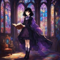 Gothic girl in Studio Ghibli art style with black hair, violet eyes, Victorian dress, velvet coat, striped stockings, platform boots, holding an ornate grimoire in a dimly lit room with a large stained glass window casting colorful shadows