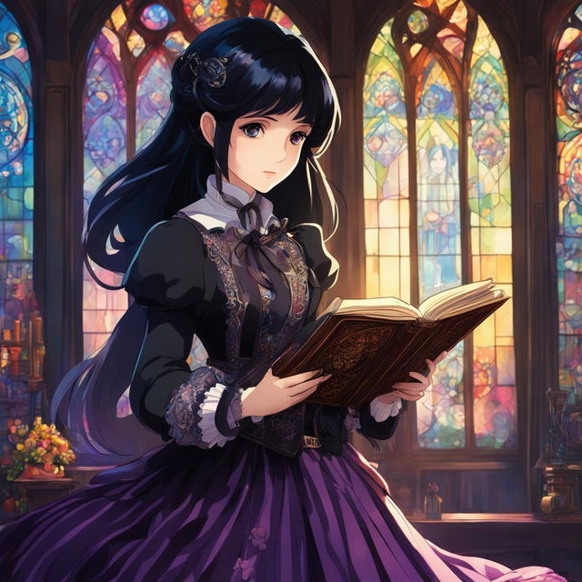 Gothic girl in Studio Ghibli art style with black hair, violet eyes, Victorian dress, velvet coat, striped stockings, platform boots, holding an ornate grimoire in a dimly lit room with a large stained glass window casting colorful shadows