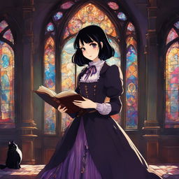 Gothic girl in Studio Ghibli art style with black hair, violet eyes, Victorian dress, velvet coat, striped stockings, platform boots, holding an ornate grimoire in a dimly lit room with a large stained glass window casting colorful shadows