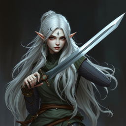 A shadar-kai rogue woman with ash skin and long white hair that cascades elegantly, featuring small pointed ears that accentuate her graceful appearance