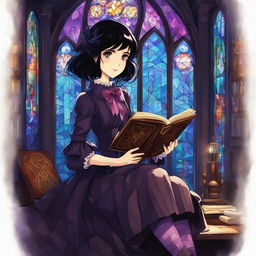 Gothic girl in Studio Ghibli art style with black hair, violet eyes, Victorian dress, velvet coat, striped stockings, platform boots, holding an ornate grimoire in a dimly lit room with a large stained glass window casting colorful shadows