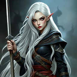 A shadar-kai rogue woman with ash skin and long white hair that cascades elegantly, featuring small pointed ears that accentuate her graceful appearance