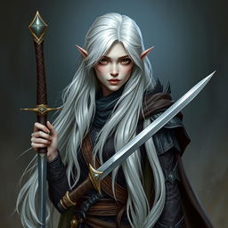 A shadar-kai rogue woman with ash skin and long white hair that cascades elegantly, featuring small pointed ears that accentuate her graceful appearance