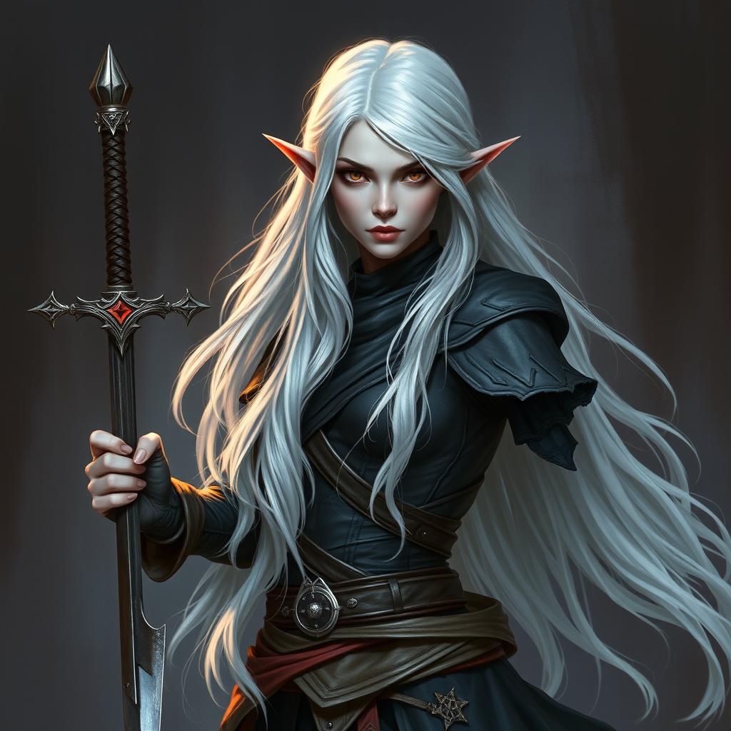 A shadar-kai rogue woman with ash skin and long white hair that cascades elegantly, featuring small pointed ears that accentuate her graceful appearance