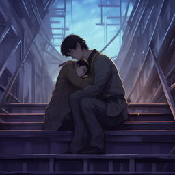 Extend the Makoto Shinkai-style illustration. Convey a poignant moment where a figure cradles the captain's head, believing his fall to be a mere dream, on the solemn backdrop of the deck.