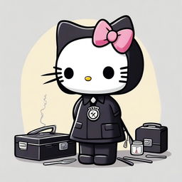 A cute and friendly depiction of Hello Kitty dressed as a mortician, complete with a black dress and small, tool kit.