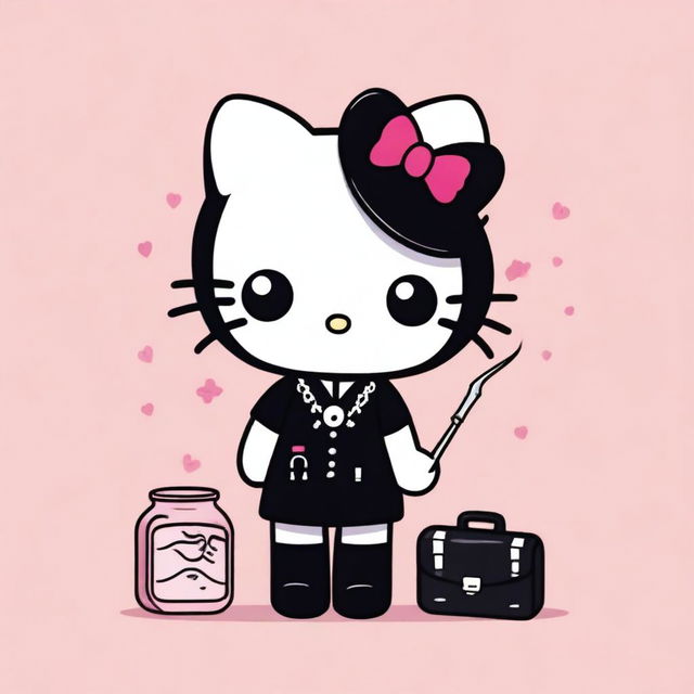 A cute and friendly depiction of Hello Kitty dressed as a mortician, complete with a black dress and small, tool kit.