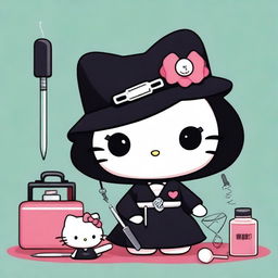 A cute and friendly depiction of Hello Kitty dressed as a mortician, complete with a black dress and small, tool kit.