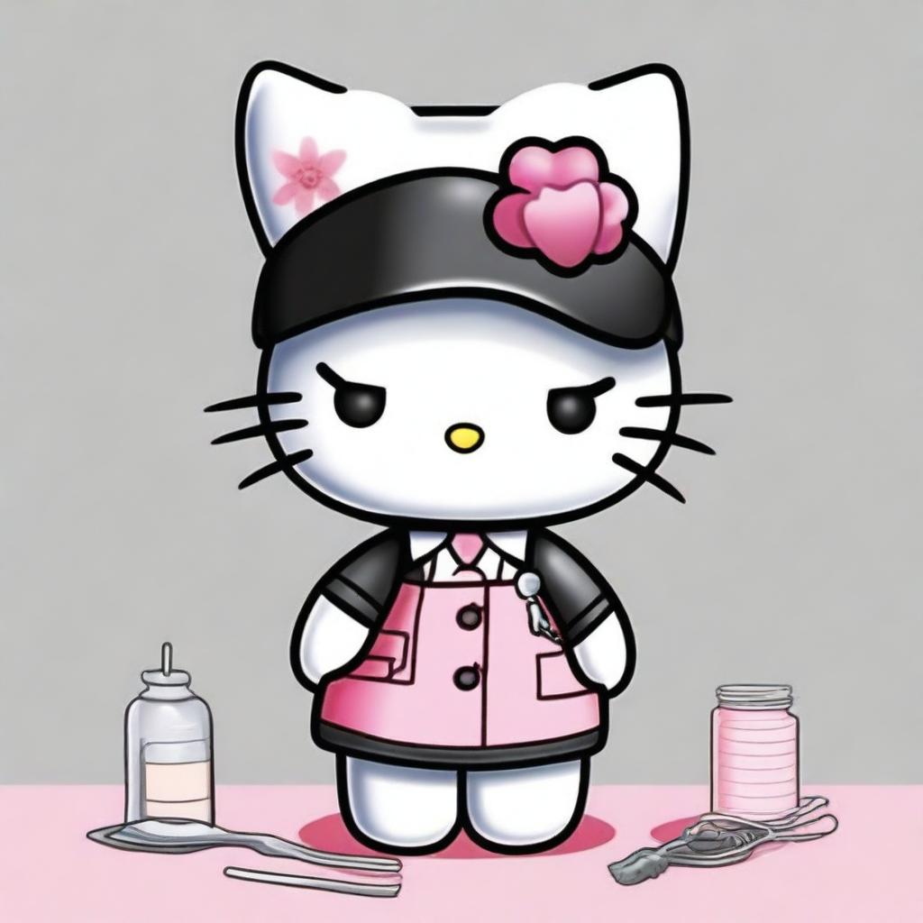 Charming image of Hello Kitty in the role of an embalmer, wearing a professional uniform, complete with gloves and a small embalming kit