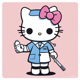 Charming image of Hello Kitty in the role of an embalmer, wearing a professional uniform, complete with gloves and a small embalming kit