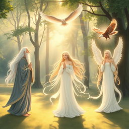 A serene and peaceful scene featuring various spiritual guides depicted as ethereal beings