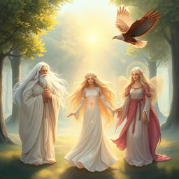 A serene and peaceful scene featuring various spiritual guides depicted as ethereal beings