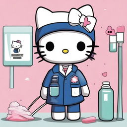 Charming image of Hello Kitty in the role of an embalmer, wearing a professional uniform, complete with gloves and a small embalming kit