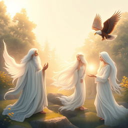 A serene and peaceful scene featuring various spiritual guides depicted as ethereal beings