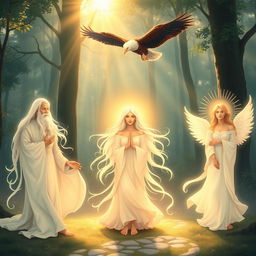 A serene and peaceful scene featuring various spiritual guides depicted as ethereal beings