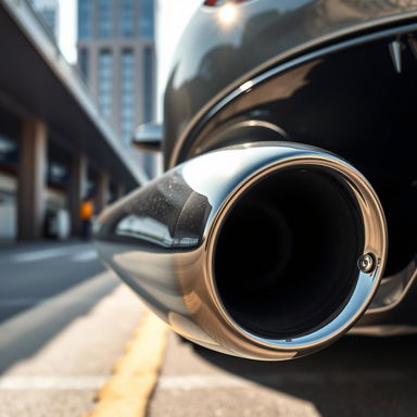 A highly detailed and realistic image of a shiny stainless steel exhaust pipe glistening in the sunlight