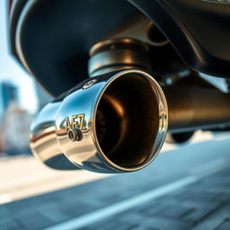 A highly detailed and realistic image of a shiny stainless steel exhaust pipe glistening in the sunlight