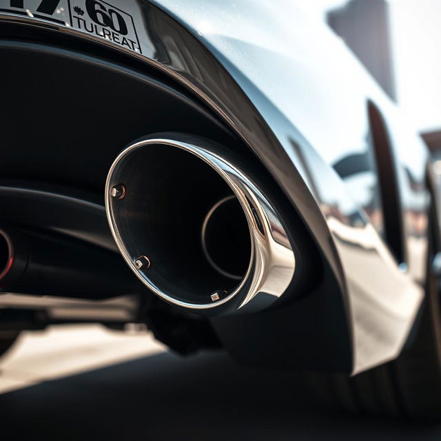 A highly detailed and realistic image of a shiny stainless steel exhaust pipe glistening in the sunlight