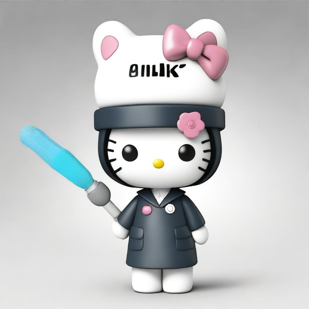 Charming image of Hello Kitty in the role of an embalmer, wearing a professional uniform, complete with gloves and a small embalming kit