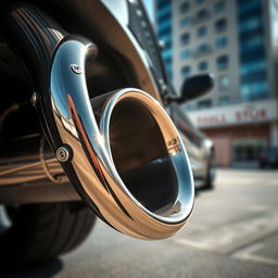 A highly detailed and realistic image of a shiny stainless steel exhaust pipe glistening in the sunlight