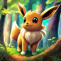 Digital art of Eevee in a vibrant forest setting, poised playfully as if about to pounce.