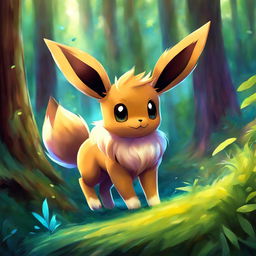 Digital art of Eevee in a vibrant forest setting, poised playfully as if about to pounce.