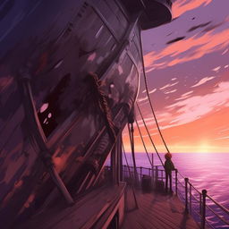 Extend the Makoto Shinkai-style illustration. Convey a poignant moment where a figure cradles the captain's head, believing his fall to be a mere dream, on the solemn backdrop of the deck.