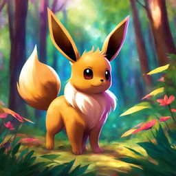 Digital art of Eevee in a vibrant forest setting, poised playfully as if about to pounce.