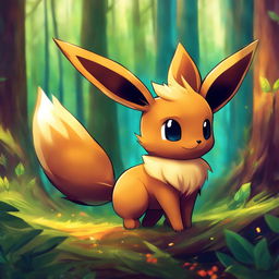 Digital art of Eevee in a vibrant forest setting, poised playfully as if about to pounce.