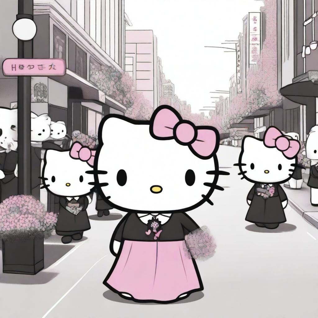 A soothing and compassionate image of Hello Kitty in a funeral director attire, leading a funeral procession with sensitivity and respect