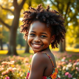 A beautiful portrait of a black girl with natural curly hair, wearing a vibrant floral dress, smiling joyfully in a sunlit park surrounded by blooming flowers