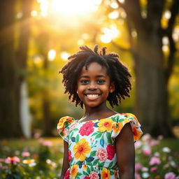 A beautiful portrait of a black girl with natural curly hair, wearing a vibrant floral dress, smiling joyfully in a sunlit park surrounded by blooming flowers