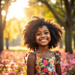 A beautiful portrait of a black girl with natural curly hair, wearing a vibrant floral dress, smiling joyfully in a sunlit park surrounded by blooming flowers