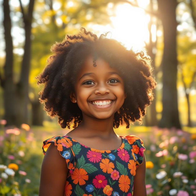 A beautiful portrait of a black girl with natural curly hair, wearing a vibrant floral dress, smiling joyfully in a sunlit park surrounded by blooming flowers