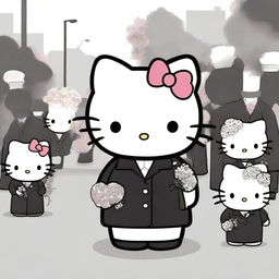 A soothing and compassionate image of Hello Kitty in a funeral director attire, leading a funeral procession with sensitivity and respect