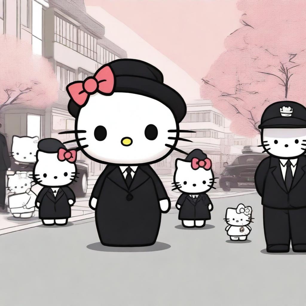 A soothing and compassionate image of Hello Kitty in a funeral director attire, leading a funeral procession with sensitivity and respect