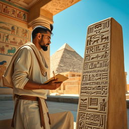 An ancient Egyptian scene featuring a skilled scribe, wearing traditional linen clothing with a palette and reed brush, meticulously inscribing the achievements of Pharaoh Khufu onto a large stone stele