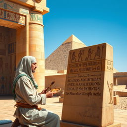 An ancient Egyptian scene featuring a skilled scribe, wearing traditional linen clothing with a palette and reed brush, meticulously inscribing the achievements of Pharaoh Khufu onto a large stone stele