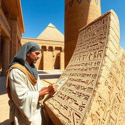 An ancient Egyptian scene featuring a skilled scribe, wearing traditional linen clothing with a palette and reed brush, meticulously inscribing the achievements of Pharaoh Khufu onto a large stone stele