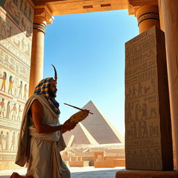 An ancient Egyptian scene featuring a skilled scribe, wearing traditional linen clothing with a palette and reed brush, meticulously inscribing the achievements of Pharaoh Khufu onto a large stone stele