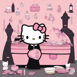 Hello Kitty as a funeral director and mortician, poised and professional in high heels, a black dress with pink accessories