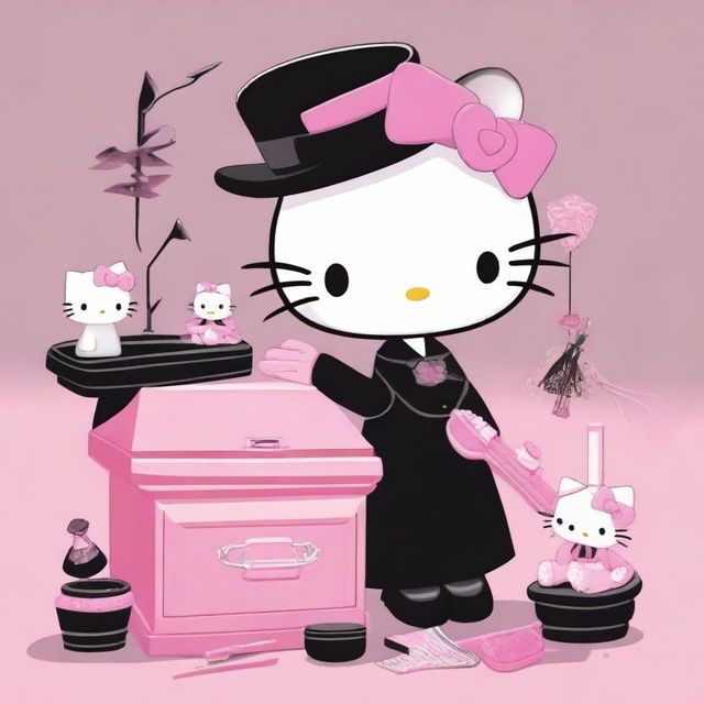 Hello Kitty as a funeral director and mortician, poised and professional in high heels, a black dress with pink accessories