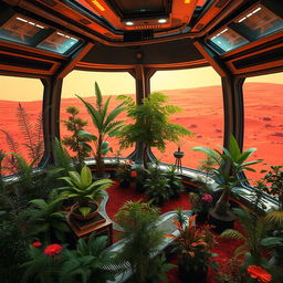 A futuristic space station on the surface of Mars, with large windows showcasing the vibrant red landscape outside