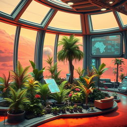 A futuristic space station on the surface of Mars, with large windows showcasing the vibrant red landscape outside