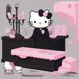 Hello Kitty as a funeral director and mortician, poised and professional in high heels, a black dress with pink accessories