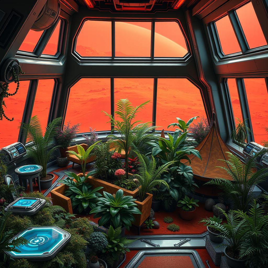 A futuristic space station on the surface of Mars, with large windows showcasing the vibrant red landscape outside