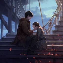 Extend the Makoto Shinkai-style illustration. Convey a poignant moment where a figure cradles the captain's head, believing his fall to be a mere dream, on the solemn backdrop of the deck.