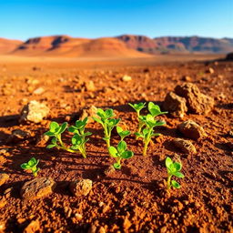 A striking scene on the surface of Mars featuring bright green sprouts emerging from the red, rocky Martian soil